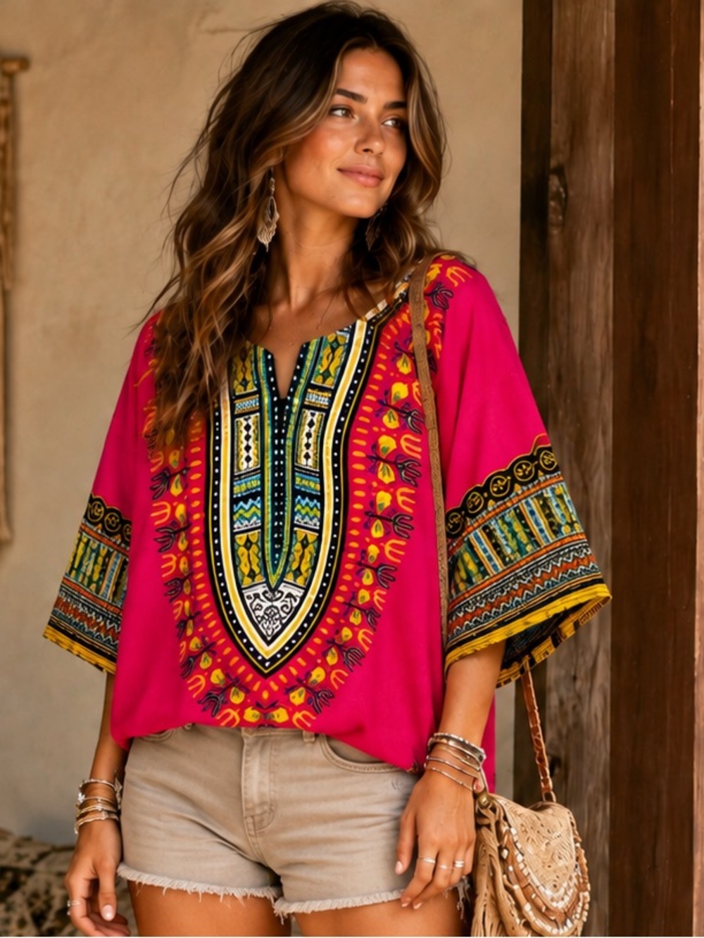Hot Pink Dashiki Boho Cotton Tunic Top – Free Size